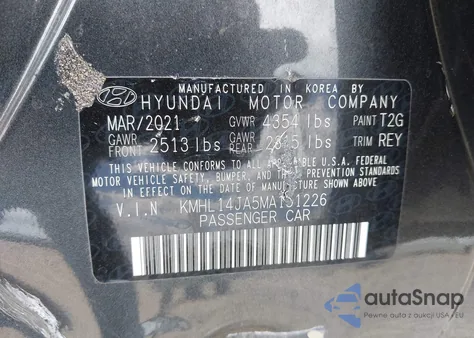 2021 Hyundai Sonata Sel z USA, uszkodzony, nr VIN KMHL14JA5MA151226